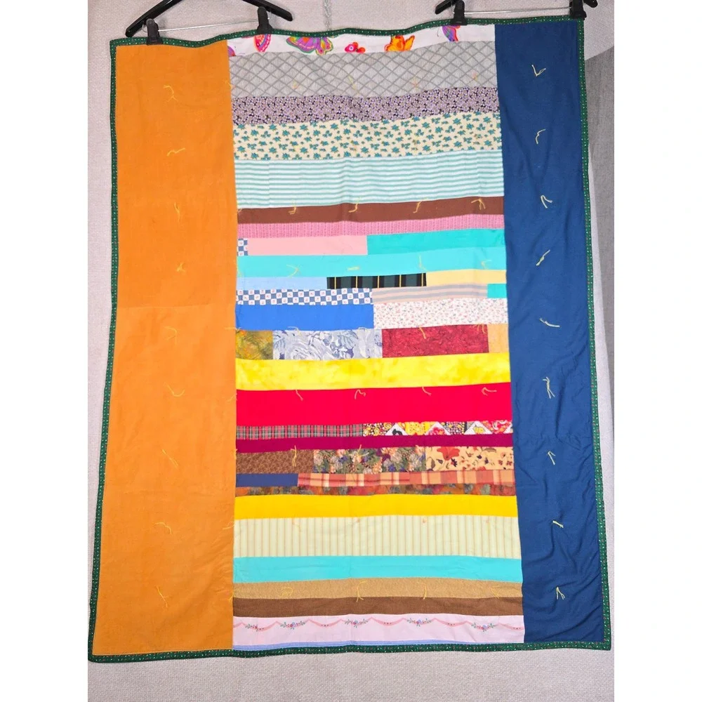 Vintage Hand Tied Patchwork Quilt Throw Corduroy Texture Retro‎ Boho 47x59 Multi